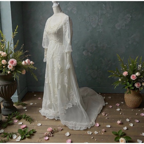 True Vintage 1970s Lace Wedding Gown – Sheer Bishop Sleeves & Chapel Train XS - Picture 1 of 16